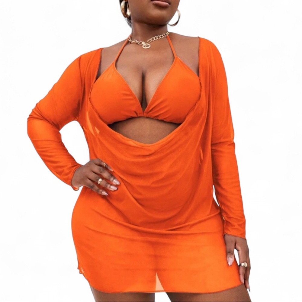 Vibrant Orange Mesh Oversized Top Swimsuit Cover Up Beachy Beach Pool Dopamine